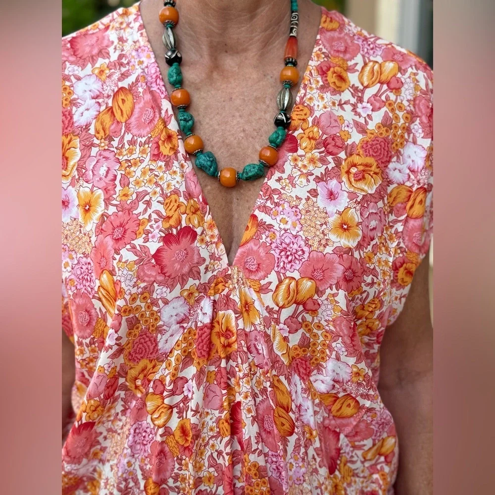 BALI QUEEN Floral Pink Orange Kaftan OS - Picture 4 of 7